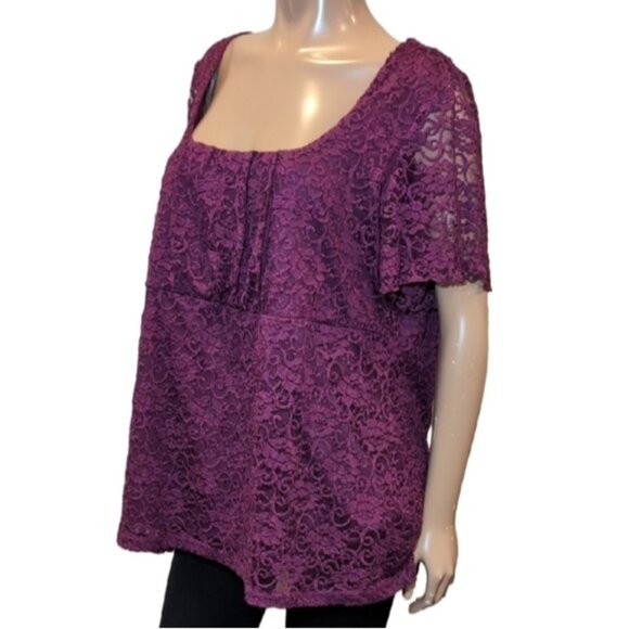3/$20 Reitmans Purple Scoop Neck Lace Blouse Short Sleeve Pleated Top - Picture 1 of 9